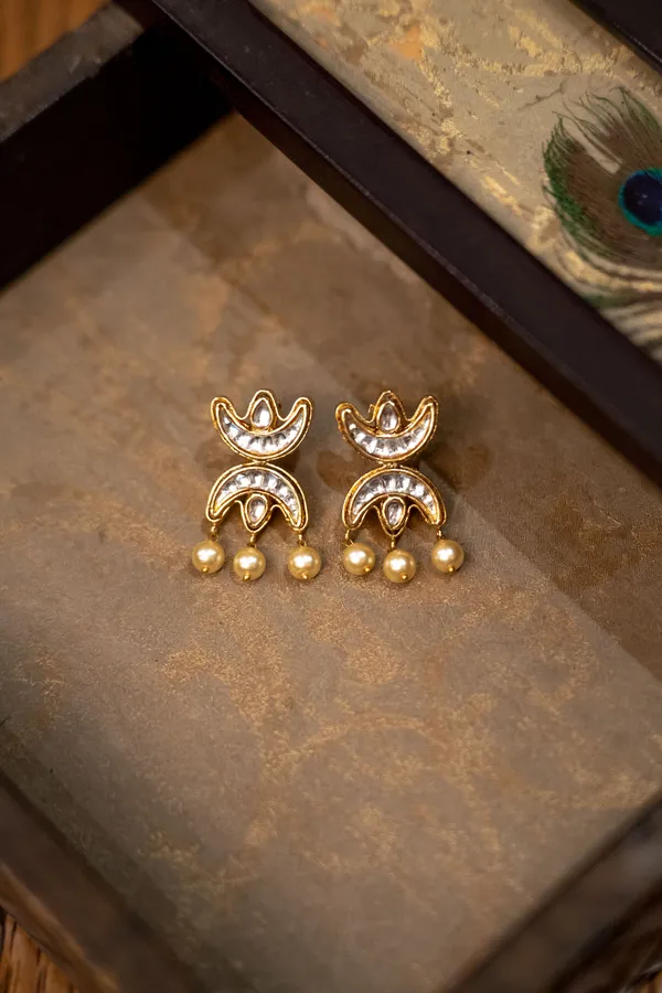 Gold & White Kundan Chand Dangler Earrings