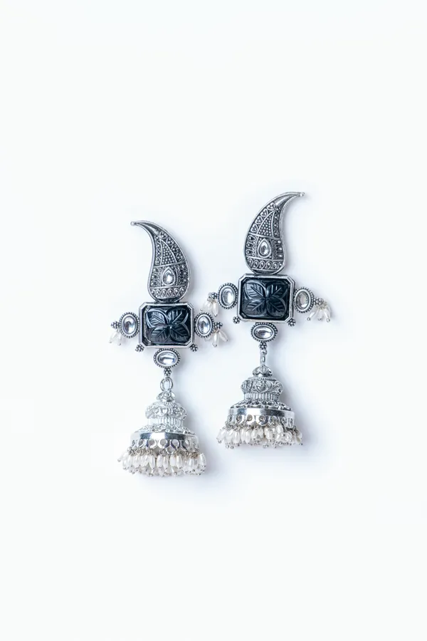 Carved Green Center Silver Finish Jhumki Earrings