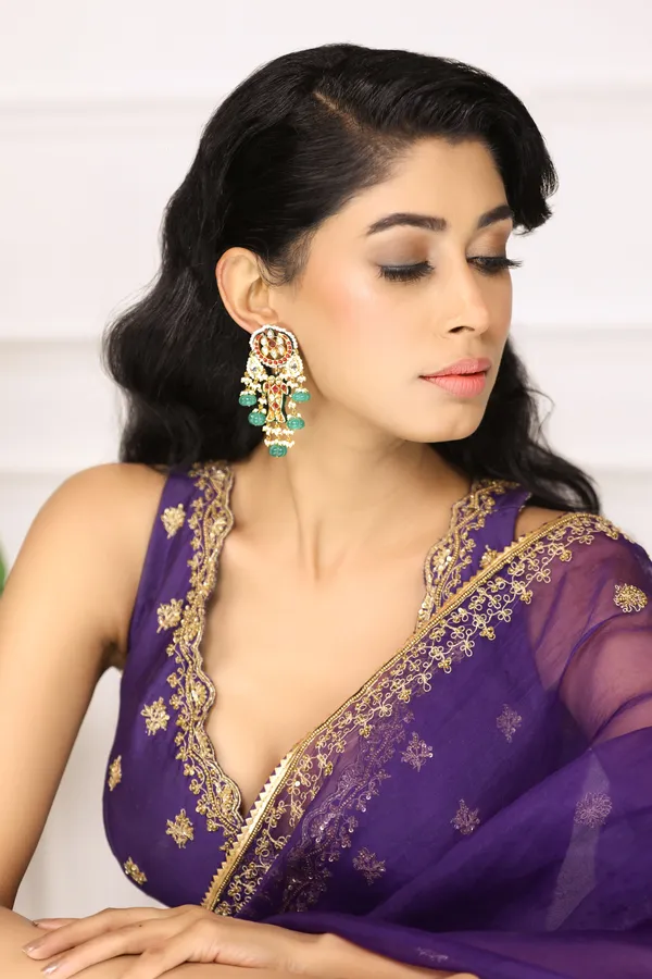 Pink Crescent Red Kundan Fish Green Drops Dangler Earrings