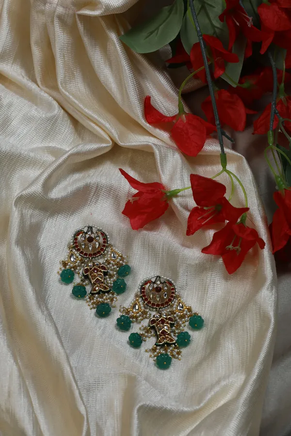 Pink Crescent Red Kundan Fish Green Drops Dangler Earrings