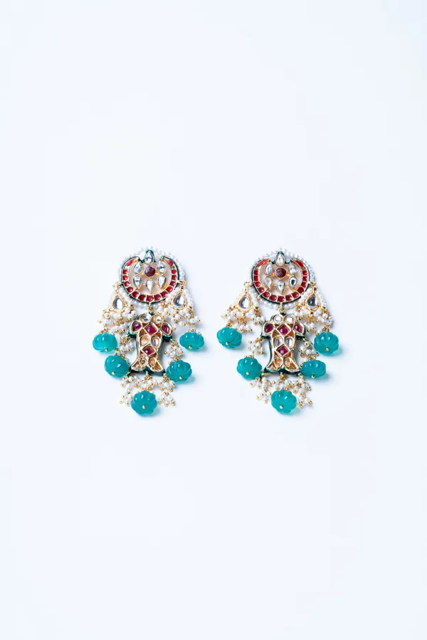 Pink Crescent Red Kundan Fish Green Drops Dangler Earrings