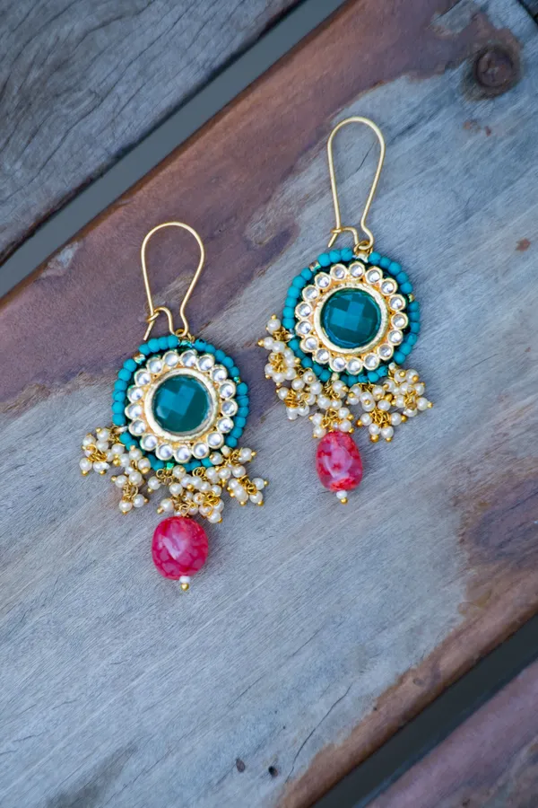 Blue Feroza Pearls Green Center Pink Drop Dangler Earrings