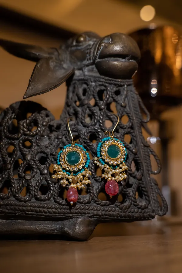 Blue Feroza Pearls Green Center Pink Drop Dangler Earrings