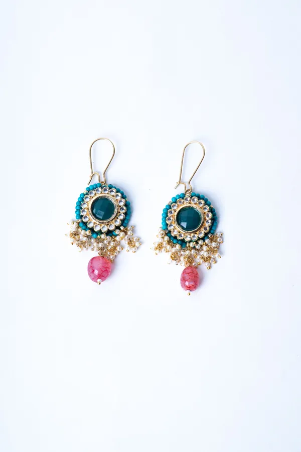 Blue Feroza Pearls Green Center Pink Drop Dangler Earrings