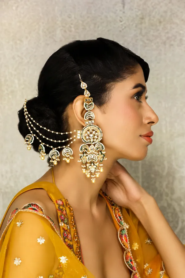 Gold & Green Meenakari Kundan Pearls Chandbali Earrings With Attached Saharas