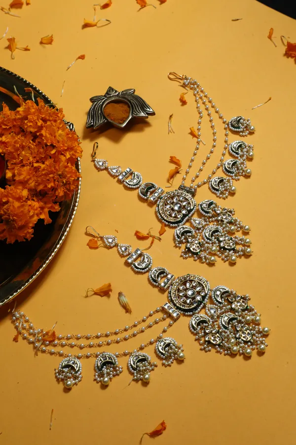 Gold & Green Meenakari Kundan Pearls Chandbali Earrings With Attached Saharas