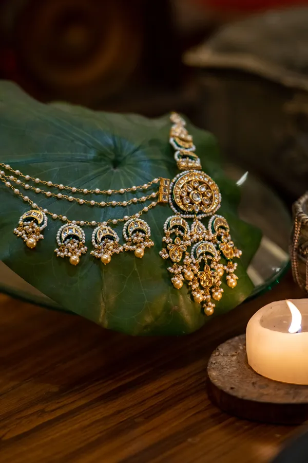 Gold & Green Meenakari Kundan Pearls Chandbali Earrings With Attached Saharas