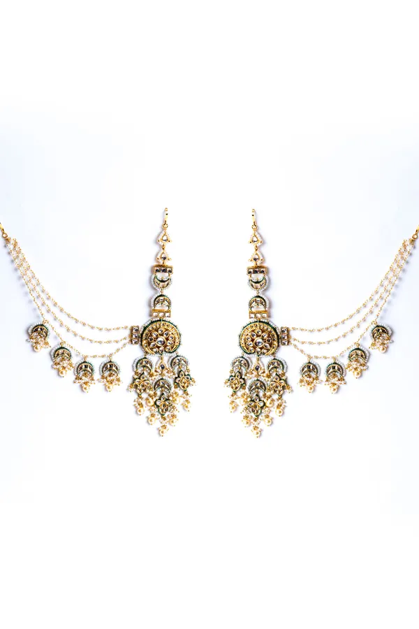Gold & Green Meenakari Kundan Pearls Chandbali Earrings With Attached Saharas
