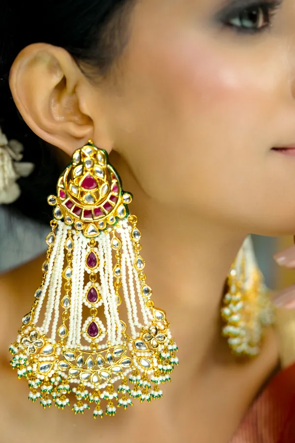 Red Kundan Golden Chand White & Green Pearls Earrings