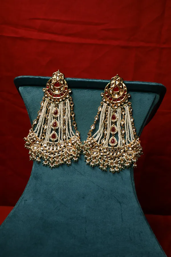 Red Kundan Golden Chand White & Green Pearls Earrings