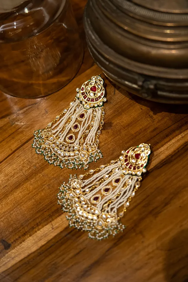 Red Kundan Golden Chand White & Green Pearls Earrings