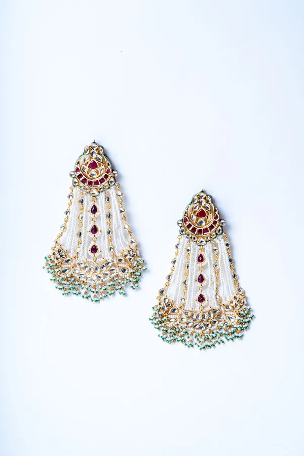 Red Kundan Golden Chand White & Green Pearls Earrings