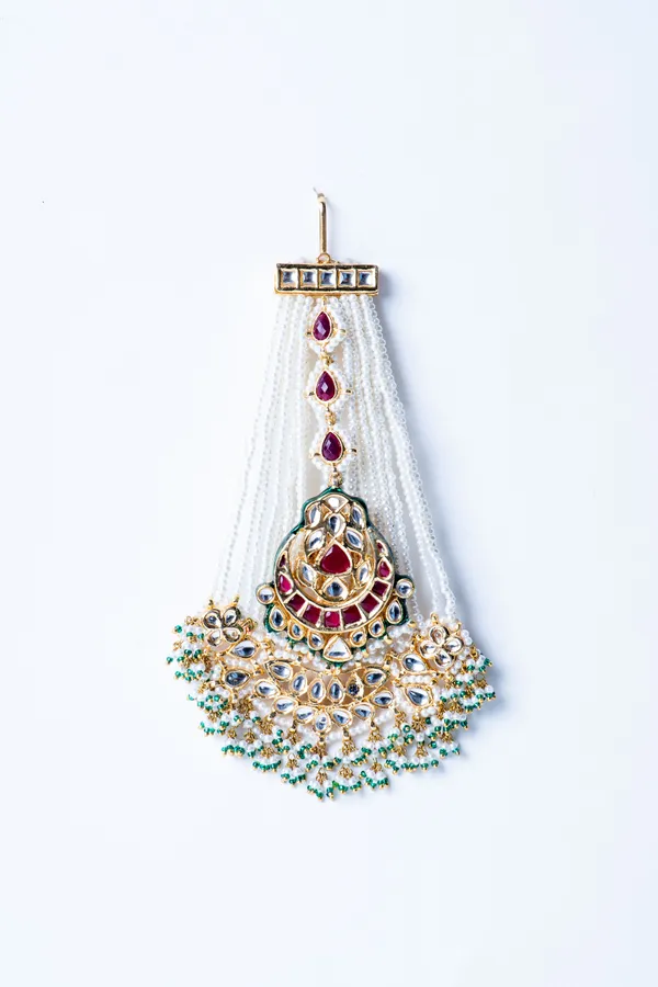 Red Kundan Golden Chand White & Green Pearls Passa