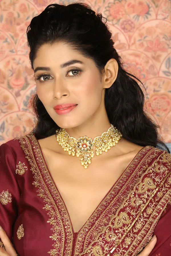 Black Kundan Green Meena Golden Flower Necklace