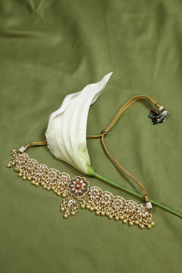 Black Kundan Green Meena Golden Flower Necklace