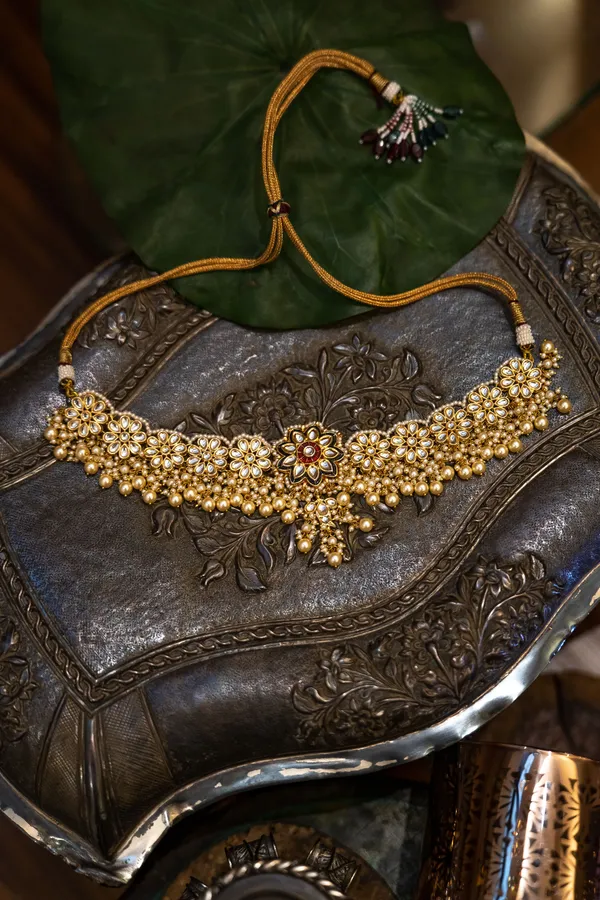 Black Kundan Green Meena Golden Flower Necklace