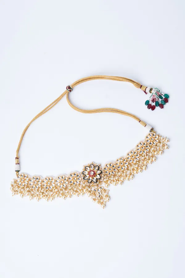 Black Kundan Green Meena Golden Flower Necklace