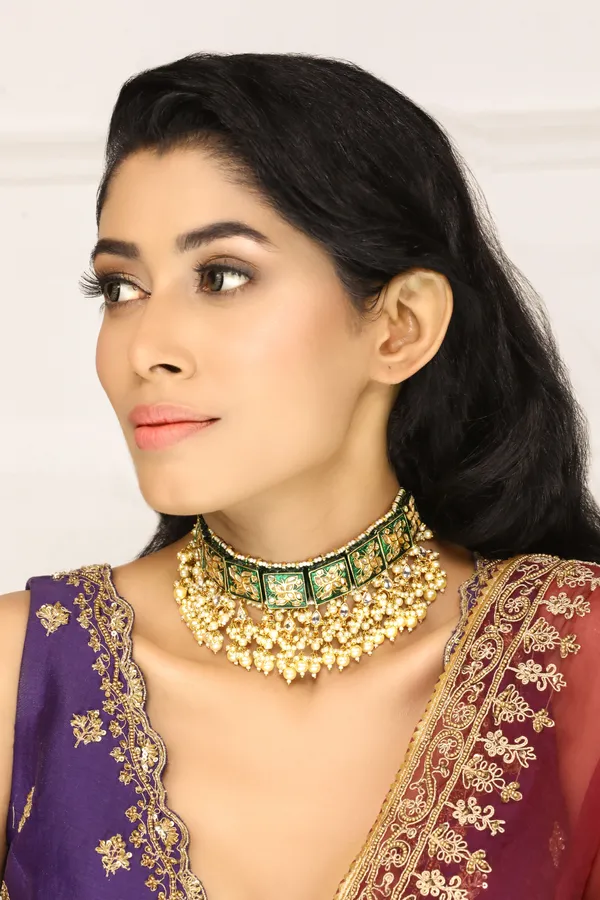Lotus Tile Green Meenakari Kundan Choker