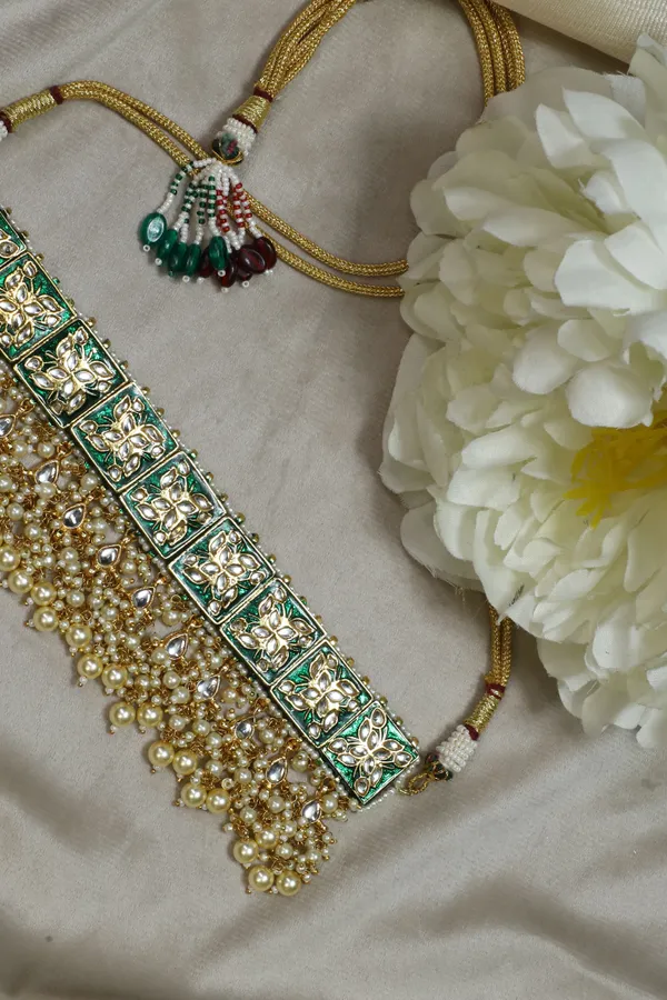 Lotus Tile Green Meenakari Kundan Choker