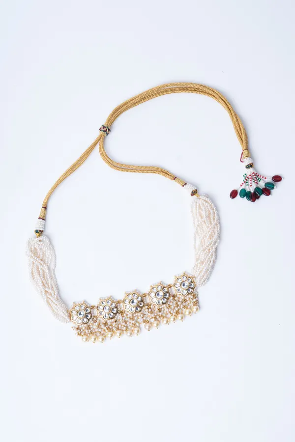 Golden Flower & Pearls Kundan Choker Necklace
