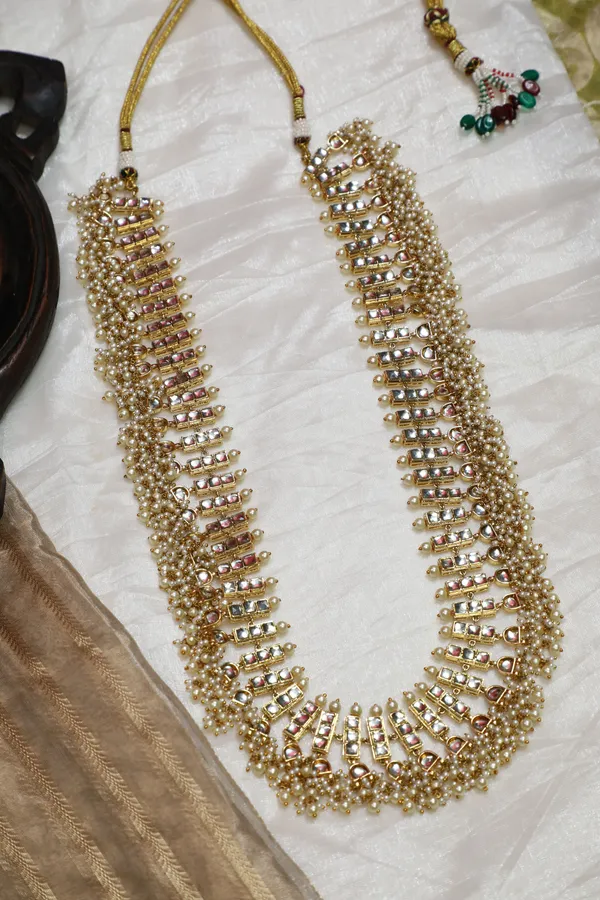 Gold & White Kundan Bridal Long Necklace