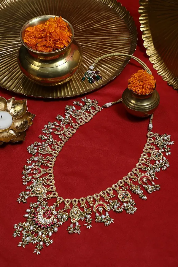 Statement Red Green Meena Kundan Necklace