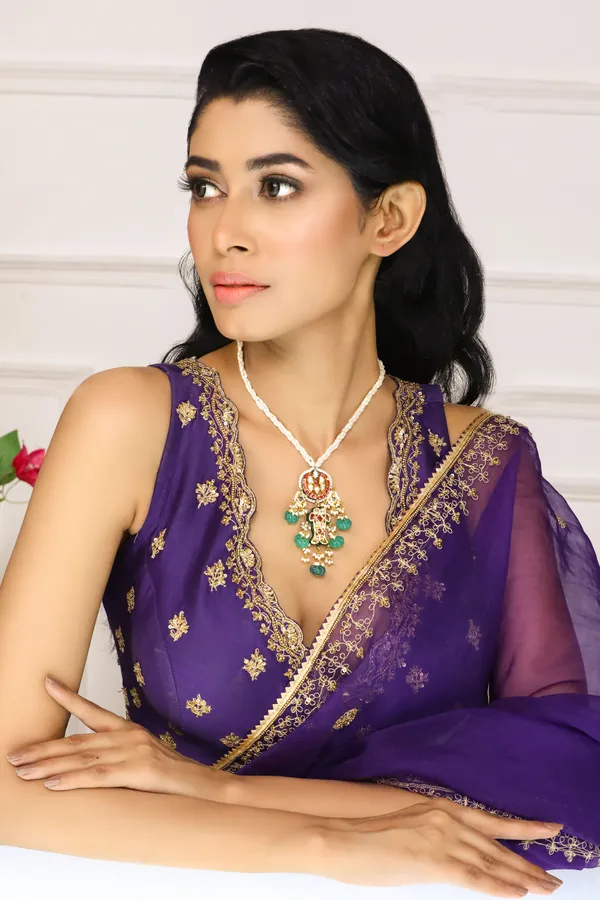 Pink Crescent Red Kundan Fish Green Drops Necklace