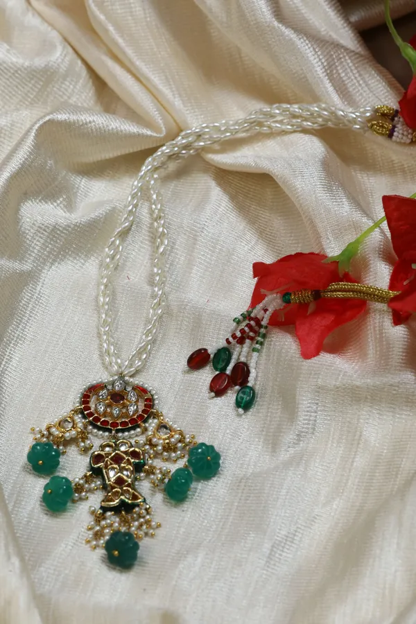 Pink Crescent Red Kundan Fish Green Drops Necklace