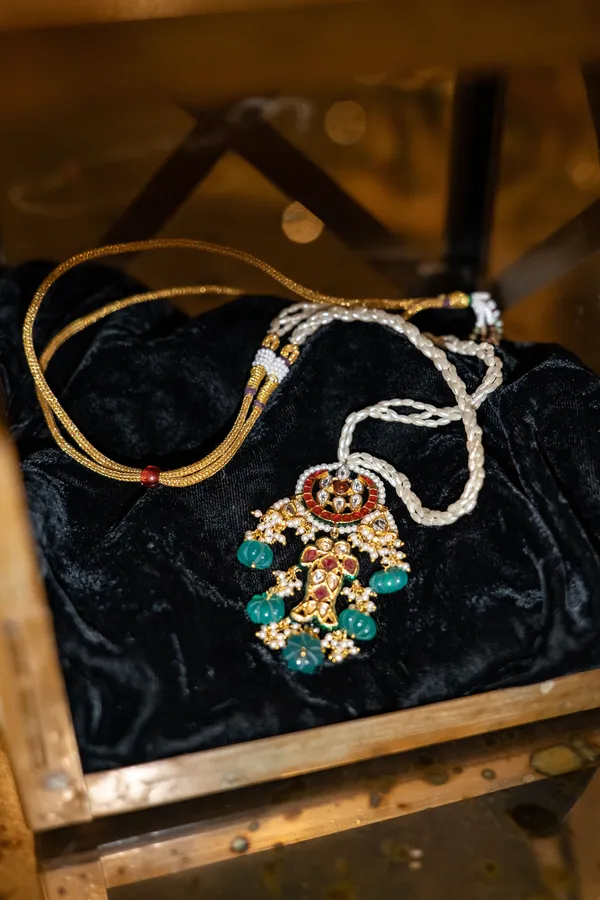 Pink Crescent Red Kundan Fish Green Drops Necklace