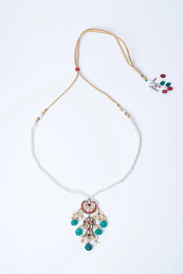 Pink Crescent Red Kundan Fish Green Drops Necklace