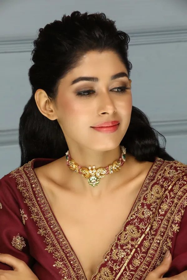 Gold Green Meena Kundan With Tourmaline Drops Choker Necklace