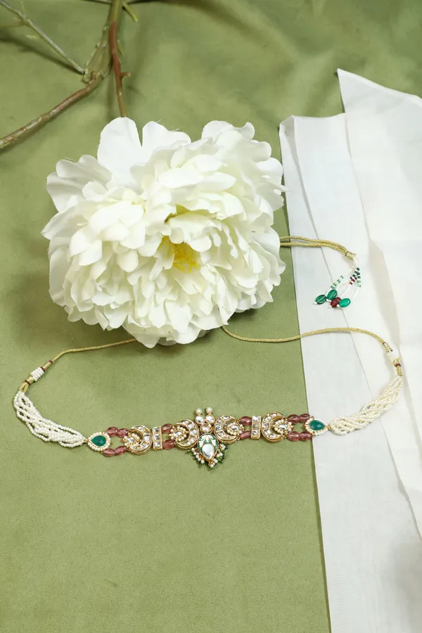 Gold Green Meena Kundan With Tourmaline Drops Choker Necklace