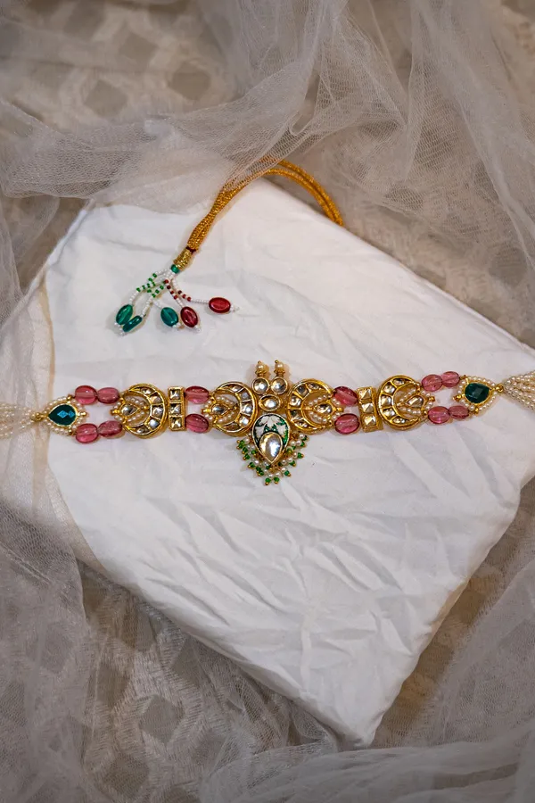 Gold Green Meena Kundan With Tourmaline Drops Choker Necklace