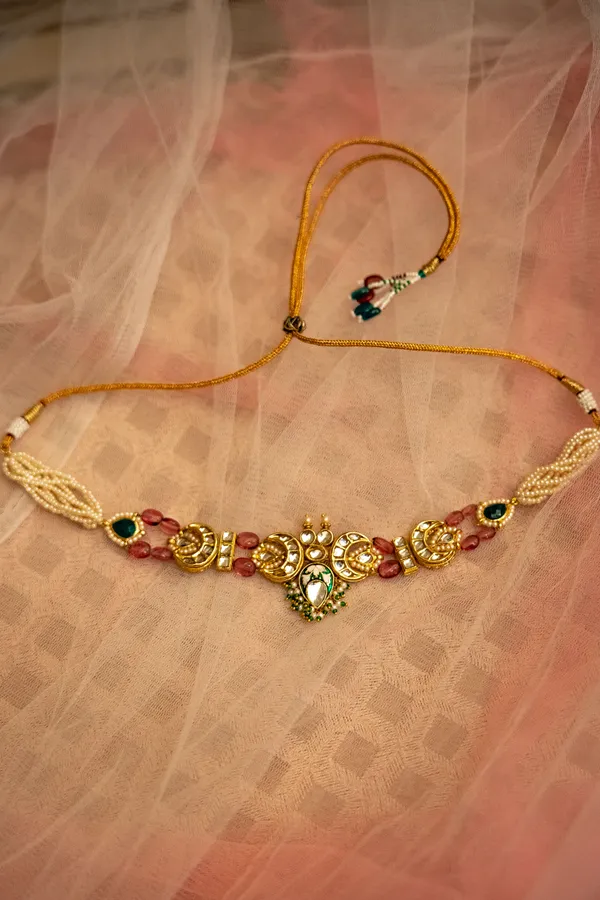 Gold Green Meena Kundan With Tourmaline Drops Choker Necklace