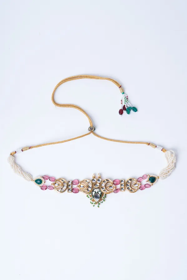 Gold Green Meena Kundan With Tourmaline Drops Choker Necklace