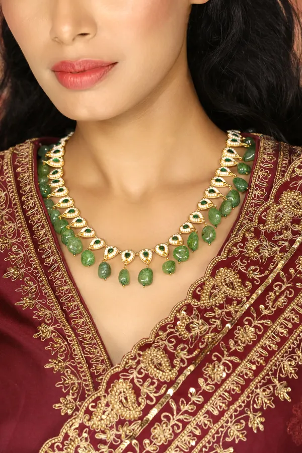 Gold & White Green Kundan Green Drops Necklace