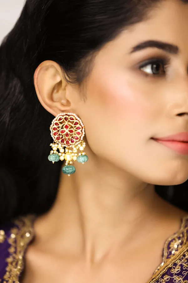 Red Kundan Pearls & Green Drops Dangler Earrings