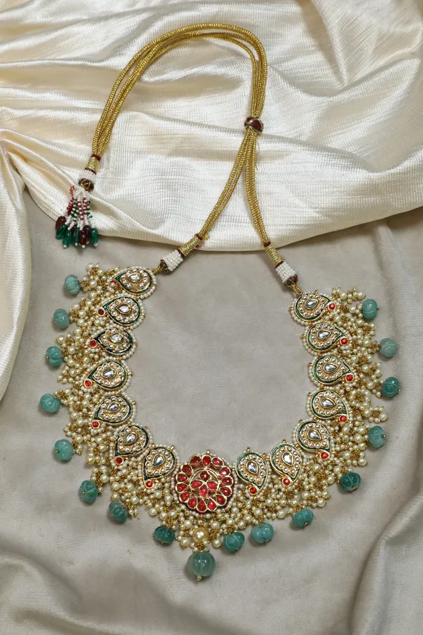 Red Kundan Pearls & Green Drops Choker Necklace