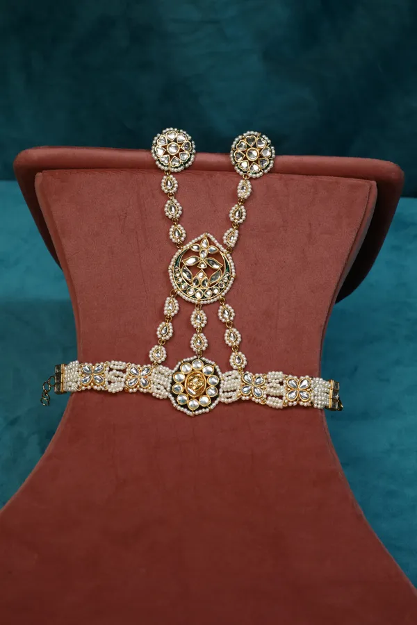 Gold & Green Meenakari Kundan Dual Finger Haathphool