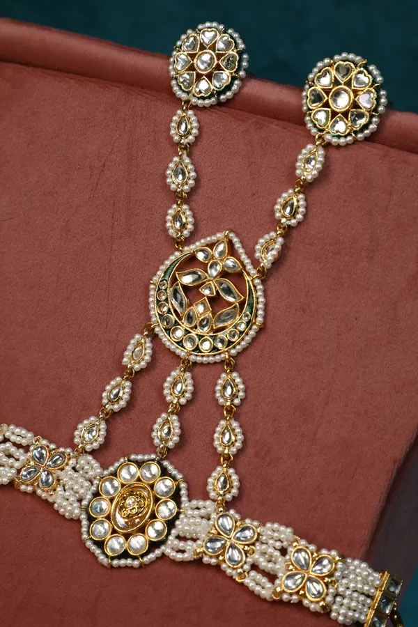 Gold & Green Meenakari Kundan Dual Finger Haathphool