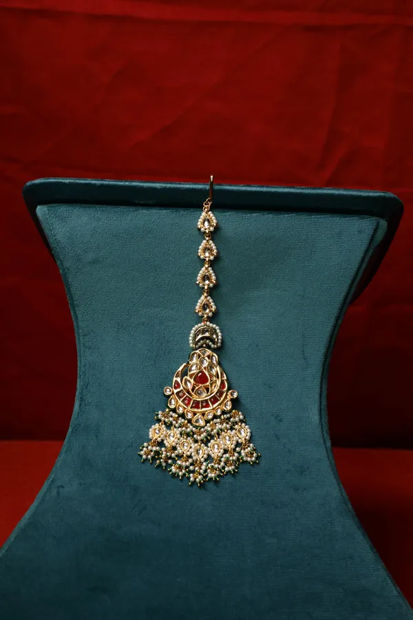 Red Kundan Golden Chand White & Green Pearls Maang Tikka