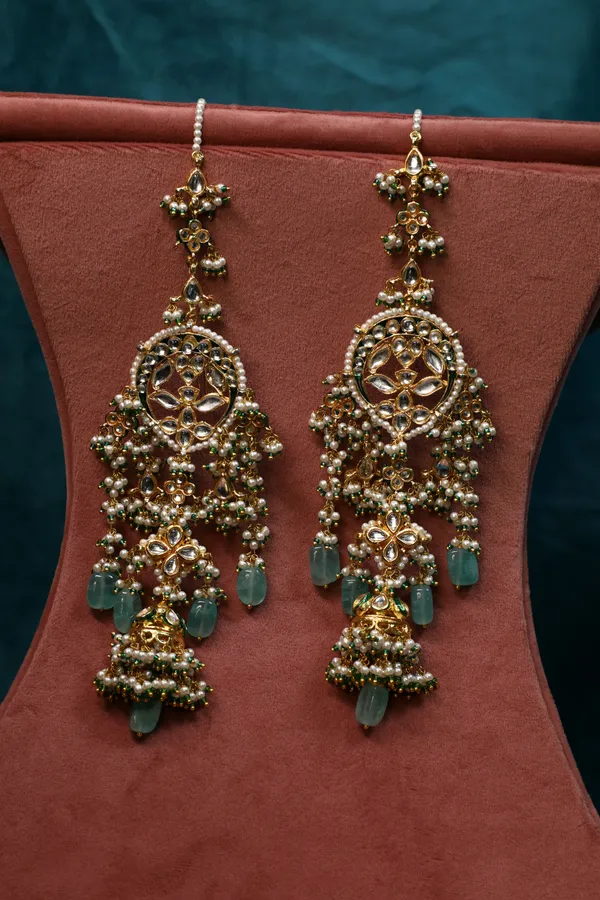 Statement Gold & Green Meenakari Kundan Jhumki Earrings
