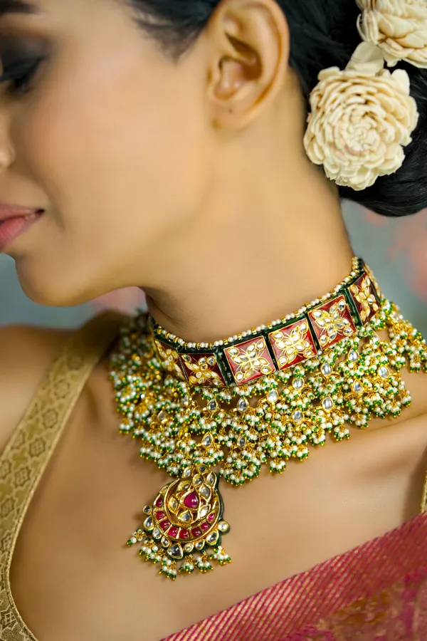 Lotus Tile Red Kundan Choker Necklace