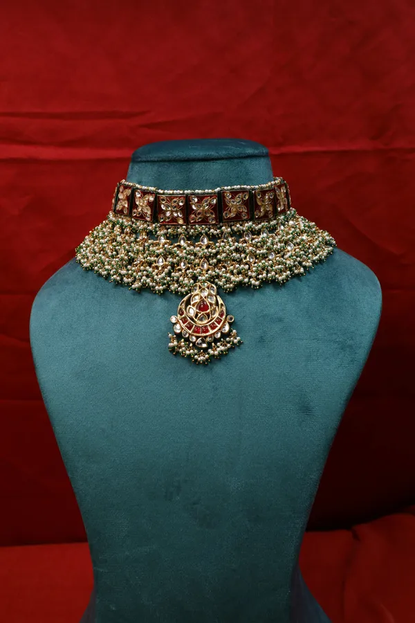 Lotus Tile Red Kundan Choker Necklace