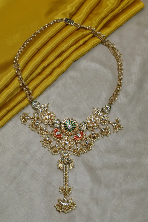 Statement Green Meena Red Llotus Pendant Necklace