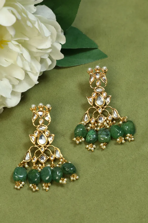 Gold & White Traditional Kundan Earrings