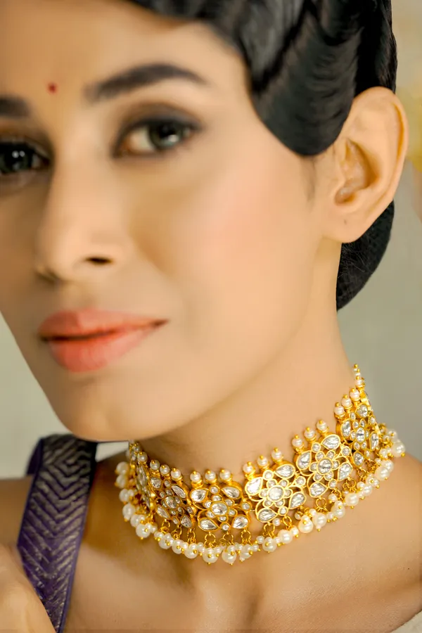 Pearl Drop Gold & White Kundan Choker Necklace