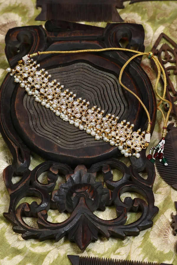 Pearl Drop Gold & White Kundan Choker Necklace