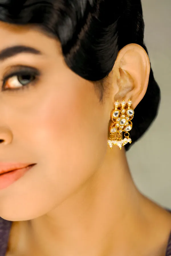 Pearl Drop Gold & White Kundan Earrings
