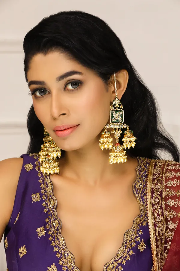 Green Meenakari Kundan Jhumki Earrings